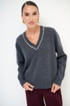 MAGLIA SCOLLO V STRASS LANA CACHEMIRE GRIGIO ANTRACITE