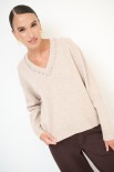 MAGLIA SCOLLO V STRASS LANA CACHEMIRE BEIGE