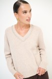 MAGLIA SCOLLO V STRASS LANA CACHEMIRE BEIGE