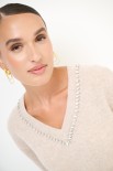 MAGLIA SCOLLO V STRASS LANA CACHEMIRE BEIGE
