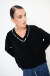 MAGLIA SCOLLO V STRASS LANA CACHEMIRE NERO