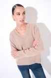 MAGLIA SCOLLO V STRASS LANA CACHEMIRE CAMMELLO
