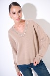 MAGLIA SCOLLO V STRASS LANA CACHEMIRE CAMMELLO