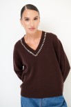 MAGLIA SCOLLO V STRASS LANA CACHEMIRE COFFEE