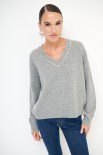 MAGLIA SCOLLO V STRASS LANA CACHEMIRE GRIGIO