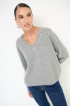 MAGLIA SCOLLO V STRASS LANA CACHEMIRE GRIGIO