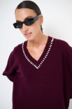 MAGLIA SCOLLO V STRASS LANA CACHEMIRE VINO