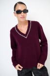 MAGLIA SCOLLO V STRASS LANA CACHEMIRE VINO
