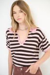 POLO RIGA MEZZA MANICA CON COLLETTO E BORDI LUREX MORO/ROSA
