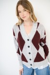 CARDIGAN OVER ROMBI CON BOTTONI GIOIELLO GRIGIO/VINO