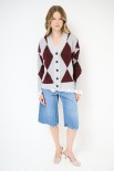 CARDIGAN OVER ROMBI CON BOTTONI GIOIELLO GRIGIO/VINO