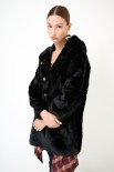 GIACCA MIDI ECO FUR CON CAPPUCCIO E ELASTICO IN VITA NERO
