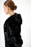GIACCA MIDI ECO FUR CON CAPPUCCIO E ELASTICO IN VITA NERO