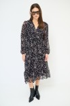 ABITO MIDI CON BALZA E BOTTONI SCOLLO STAMPA NERO