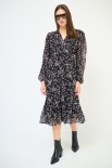ABITO MIDI CON BALZA E BOTTONI SCOLLO STAMPA NERO