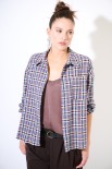CAMICIA OVER QUADRI PATCH SCRITTA BLU