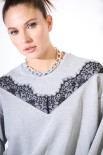 FELPA BASIC OVER INSERTO PIZZO GRIGIO