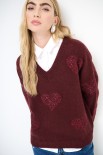 MAGLIA SCOLLO V LUREX CON CUORI VINO