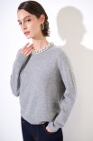 MAGLIA PARICOLLO STRASS LANA CACHEMIRE GRIGIO MEDIO