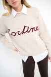 MAGLIA PARICOLLO OVER SCRITTA INTARSIO CORTINA ECRU