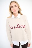 MAGLIA PARICOLLO OVER SCRITTA INTARSIO CORTINA ECRU
