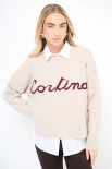 MAGLIA PARICOLLO OVER SCRITTA INTARSIO CORTINA ECRU