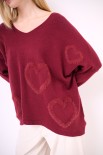 MAGLIA OVER SCOLLO V CON CUORI PELLICCIA VINO